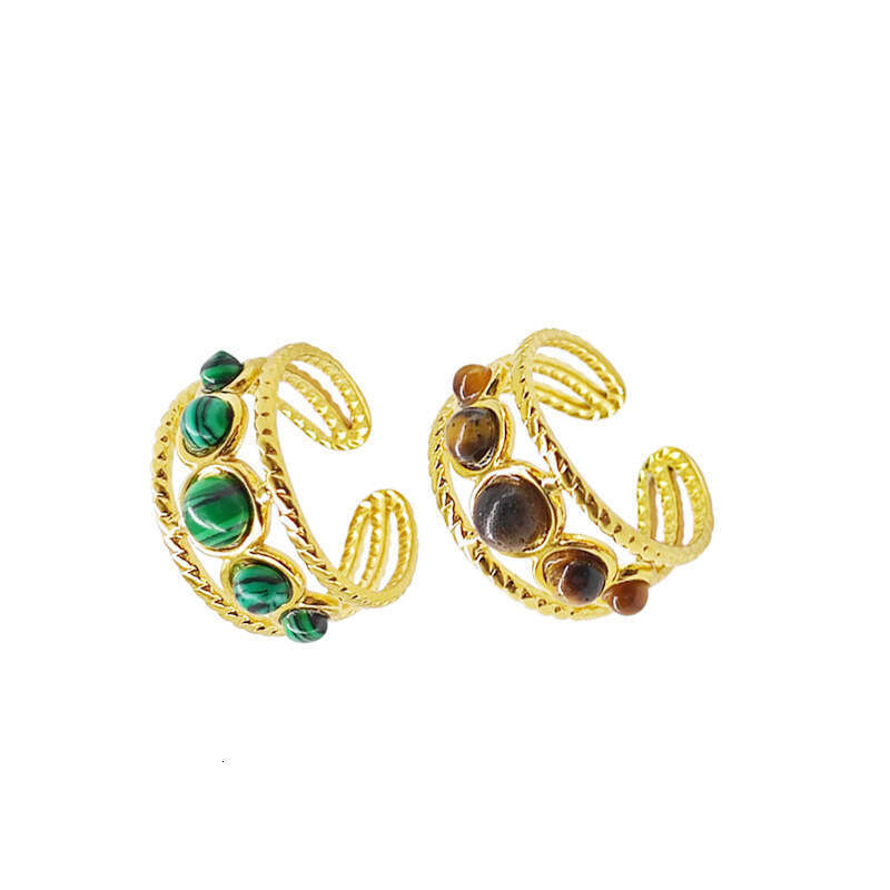 St.delan French Style Hollow Round Bead Turquoise Tiger Eye Stone Open Ring Women's Stainless Steel Jewelry ddmypluto