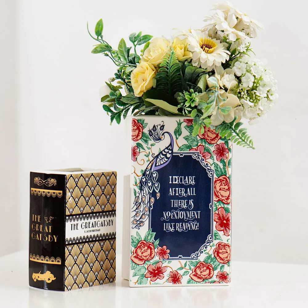 Square Book Ceramic Vase Creative Painted Vase Art Flower Arrangement Accessories Living Room Home Decoration Table Vase C251017