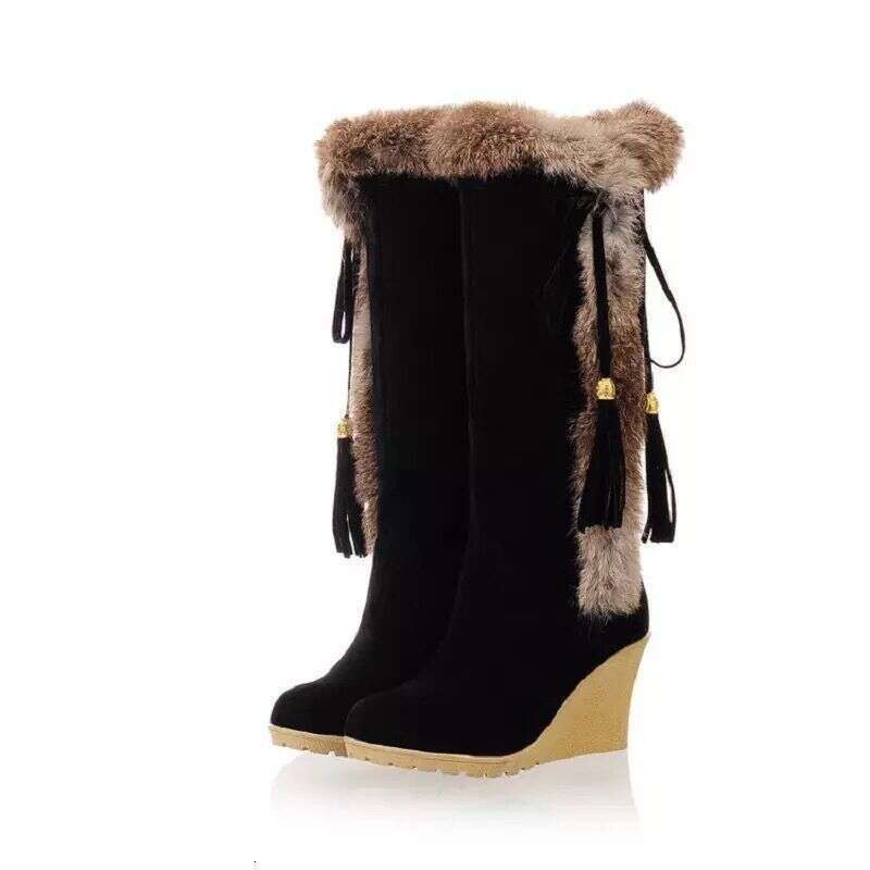Women's 2025 New Style Winter Warm Furry Faux Fur-Like PU Cover Knee-High With Wedge Heel Slip-Resistant MD Sole, Plush Lining, Plus-Size Snow Bo