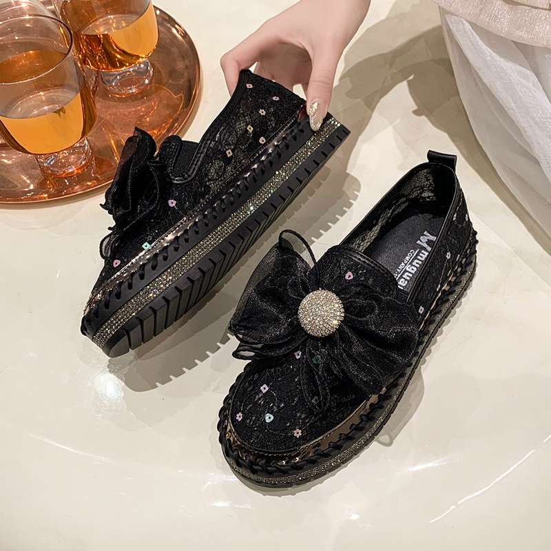 Women's Casual Shoes Platform Sole Rhinestone Upper Shallow Mouth Women's Loafers Leisure One Kick Fashion Diamonds Butterfly Knot Flats Sho