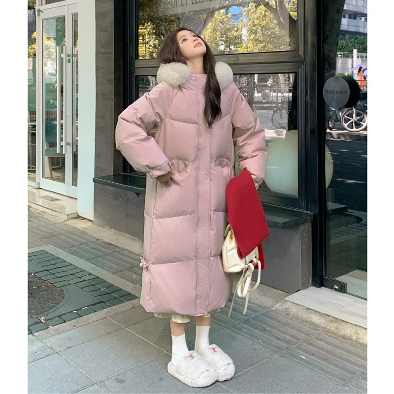 Winter Womens Pink Padded Jacket Female Long Overtheknee Jacket Fur Collar Warm Thicken Cotton Jacket Women Parkas Coats 251017