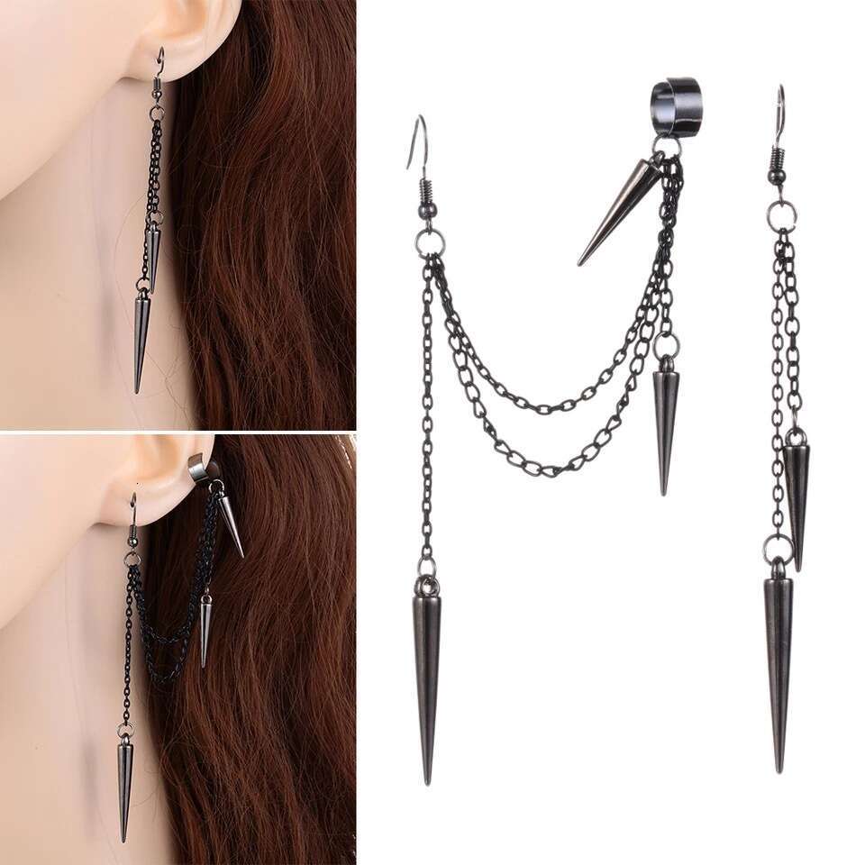 Long and Short Rivet Earrings Ear Clips Heart-shaped Gothic Punk Tassel Personality Trend