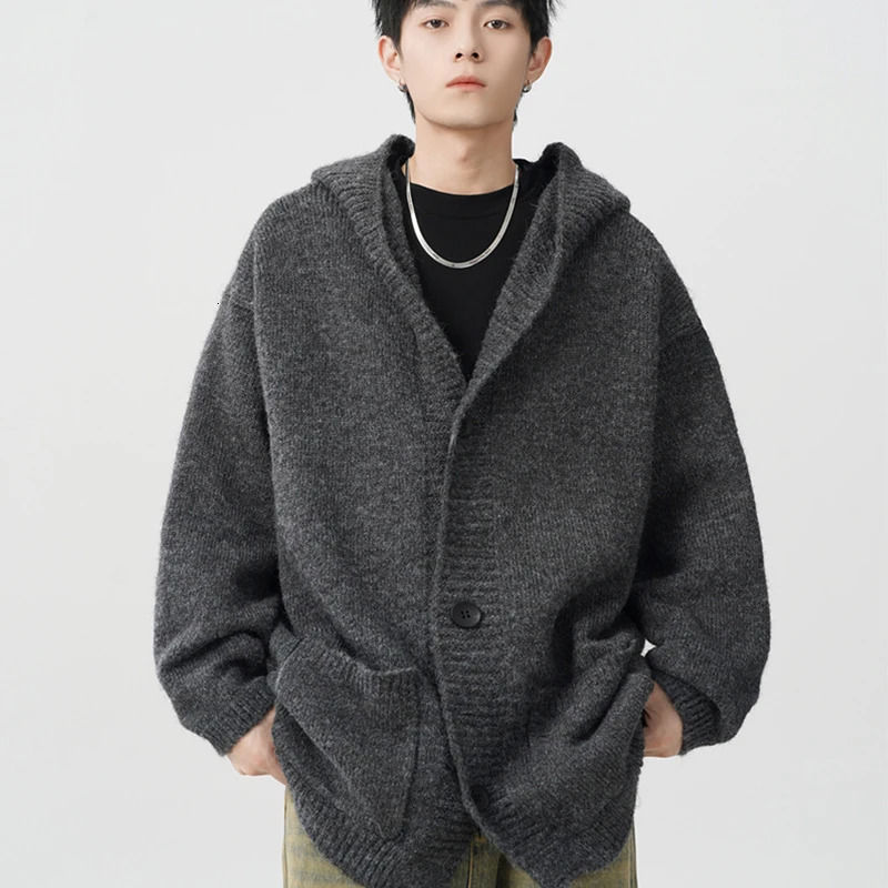Winter Gray Woollen Knitted Cardigan Hooded Sweater Mens Pockets College Fashion Knitwear Jacket Y2K Vintage Jumpers Hombre 251017