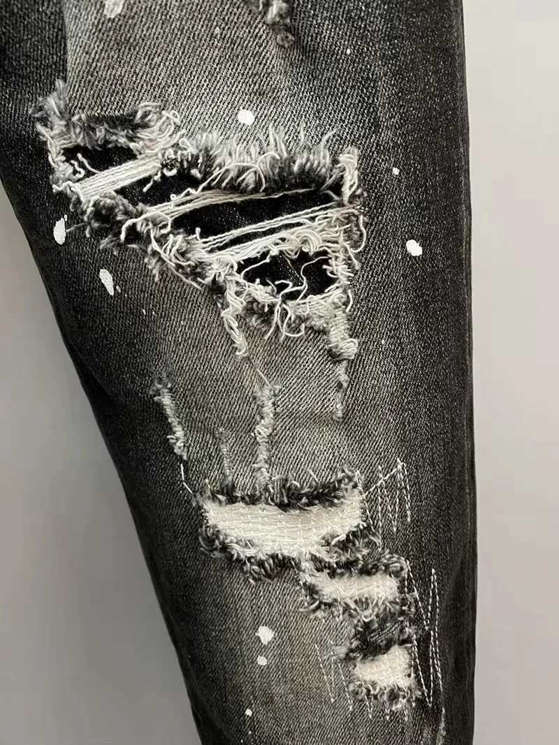 Fashion BRAND Men Jeans Denim Pants Hole Slim Pencil Trousers Metal Buttons Party Clothes Classics Fashionable Black1 Y251105