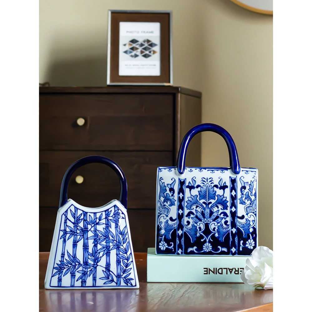 Creative ceramic handbag vase retro blue and white porcelain vase ornaments European style home living room table decoration C251017