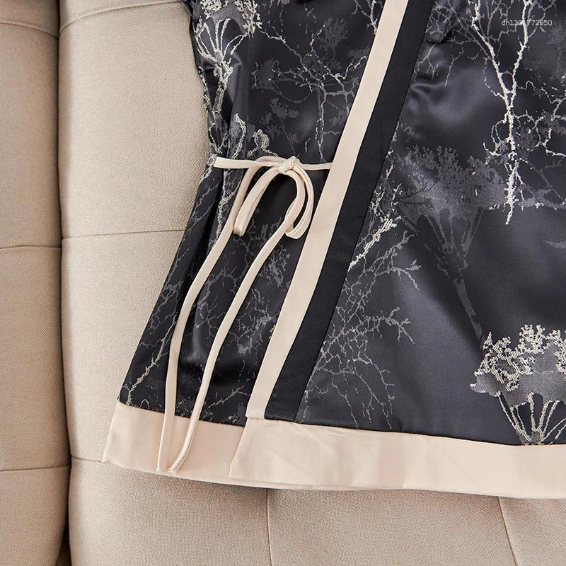 Women's Jackets Vintage Chinese Style Jacket Jacquard Acetate V-Neck Lace-up Top Celebrity Party Autumn Fashion Chic Cardigan Black Coat