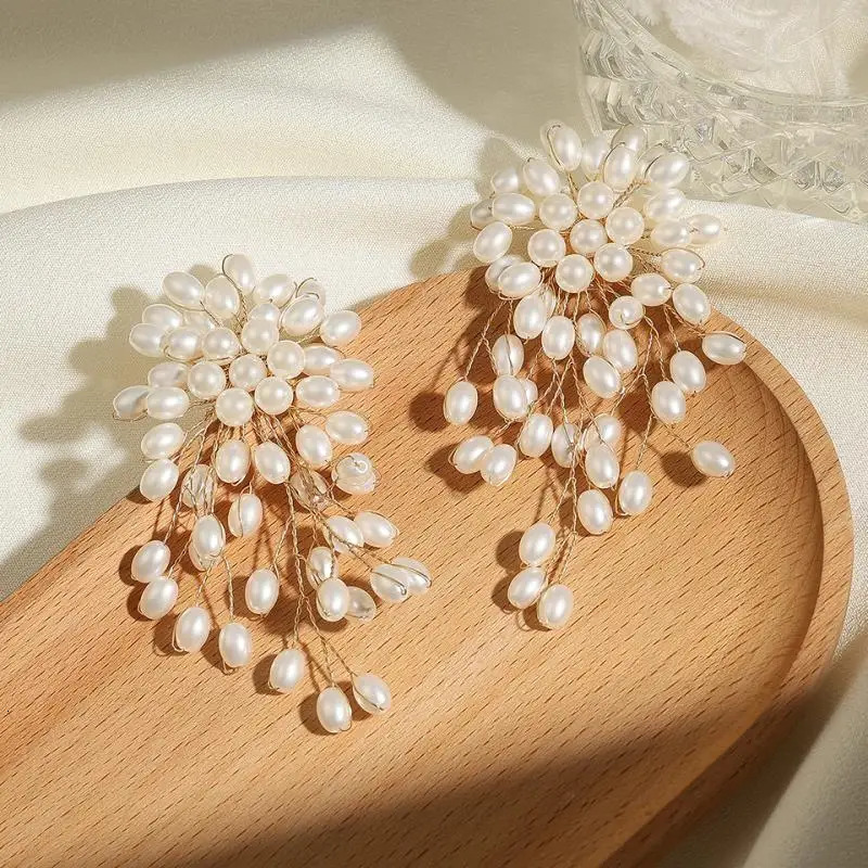 Vintage Imitation Pearls Flower Earrings for Women Handmade Beading Tassels Long Earring Bridal Wedding Party Jewelry 251016