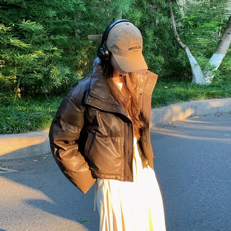 Women Winter Coat Fashion Standup Collar PU Windproof Warm Short Parkas Coat Street Trend Loose Oversized Outwear Cotton Jacket 251011