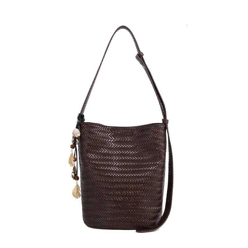 Handmade Woven Shoulder For Women Vegan Leather Tote Bag Beach Travel Handbags And Purses Designer Basket Bucket Bags