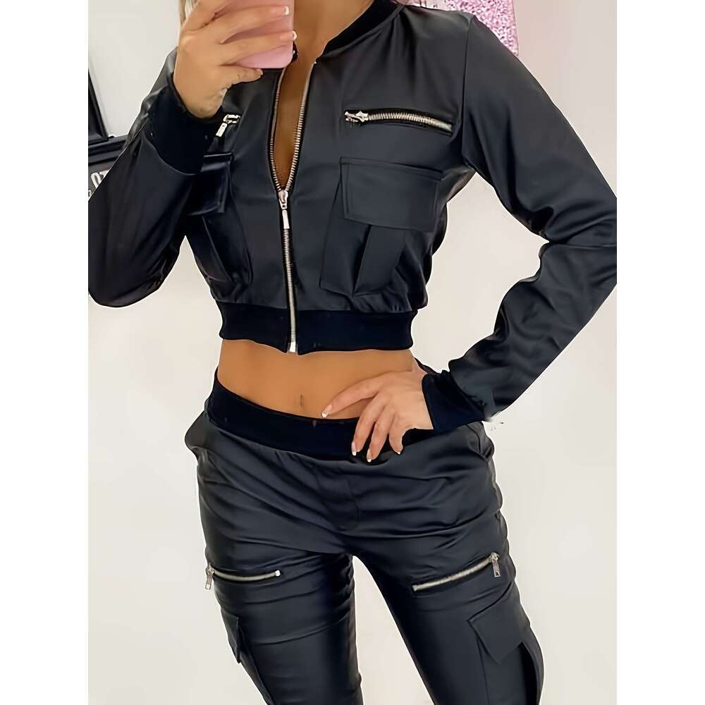 Zipper Solid Crop Jacket, Y2k Long Sleeve Jacket For Spring & Fall, Women's Clothing