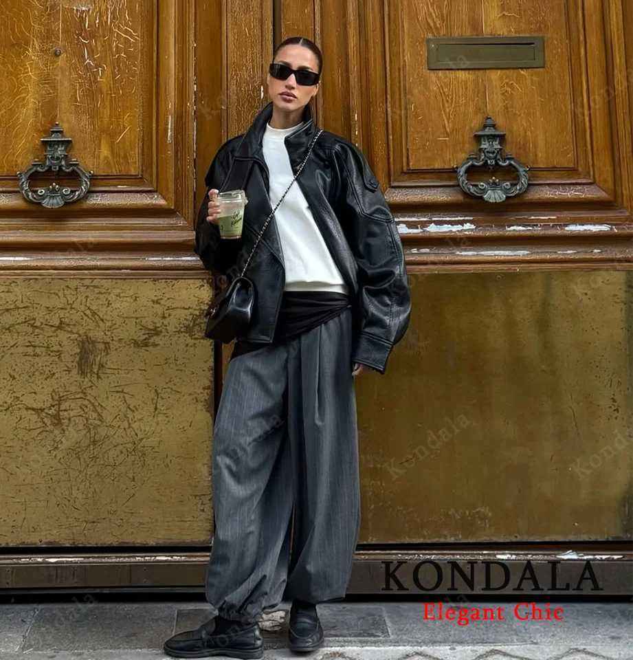 KONDALA Stand Collar Leather Jacket Womens Fall Winter Zipper Faux PU Leather Loose Jacket 2025 Fashion Female Elegant JacketT251017