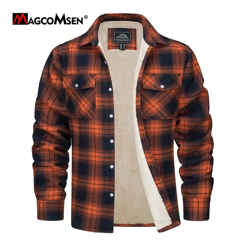 MAGCOMSEN Mens Fleece Plaid Flannel Shirt Jacket Button Up Casual Cotton Jacket Thicken Warm Spring Work Coat Sherpa Outerwear 251017