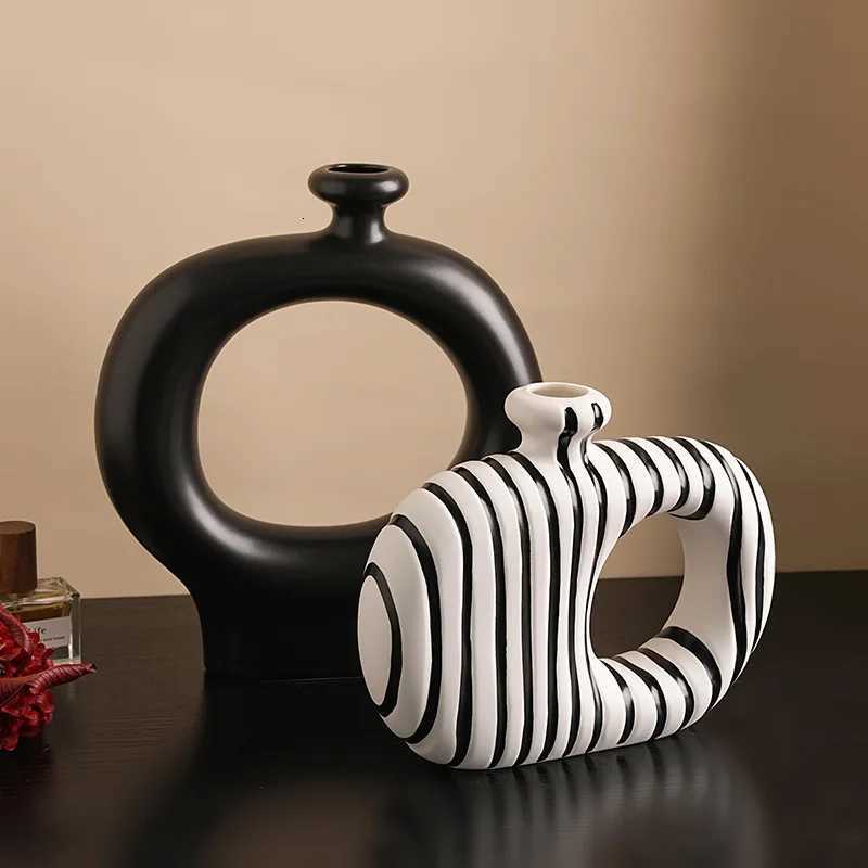 Beihanmei Creative Retro Black White Striped Ceramic Vase for Flower Arrangement Living Room Decor C251017