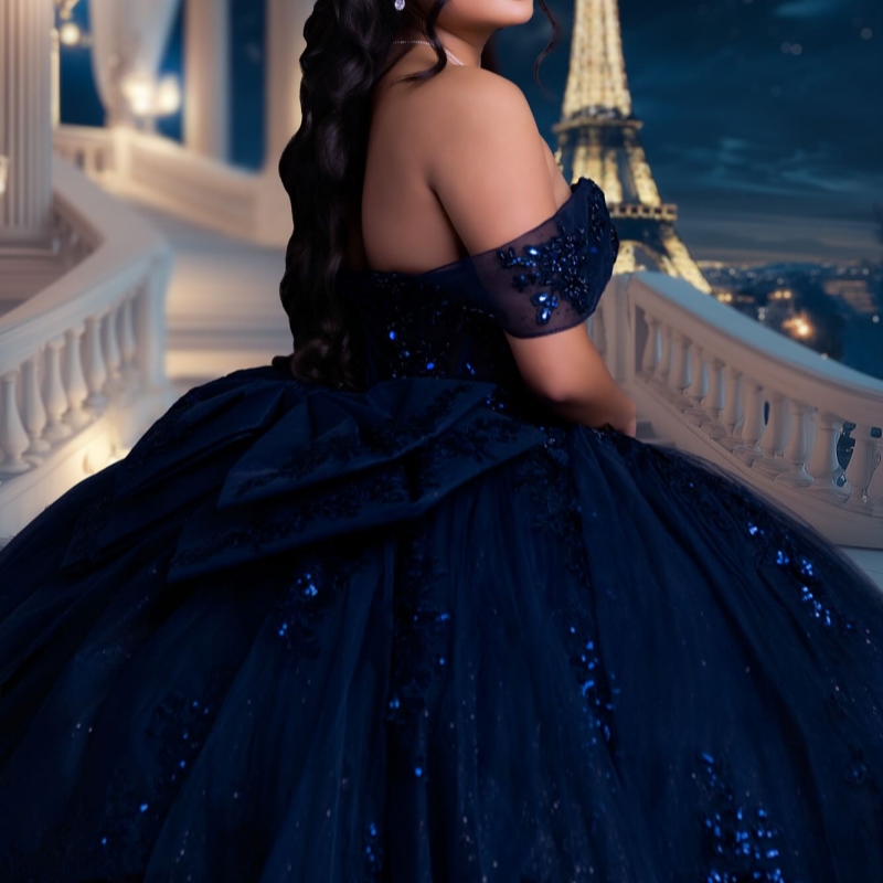 Navy Blue Shiny Quinceanera Dresses Off The Shoulder Sequin Applique Lace Beads Bow Tull Corset Party Birthday Sweet 16 Dres Vestidos 15 De Anos
