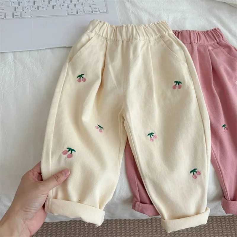 Spring Autumn Sweet Children Pants Cherry Embroidery Girls Casual Trousers Childrens Fashion Loose Fit Kids Clothing Baby GirlsT251017