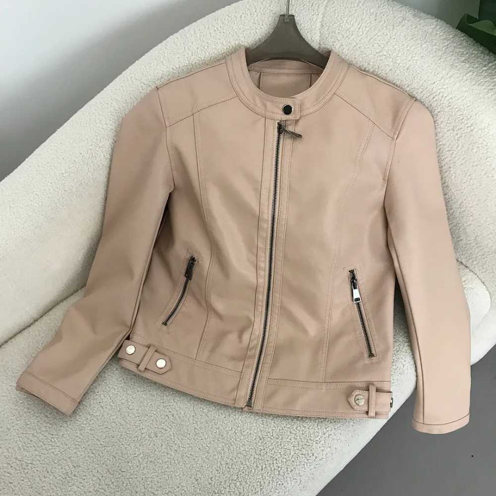 PU Leather Jacket 2024 Spring Autumn Style Round Neck Casual Fashion Slim Versatile Trendy Motorcycle Faux Leather Jacket WomenT251017