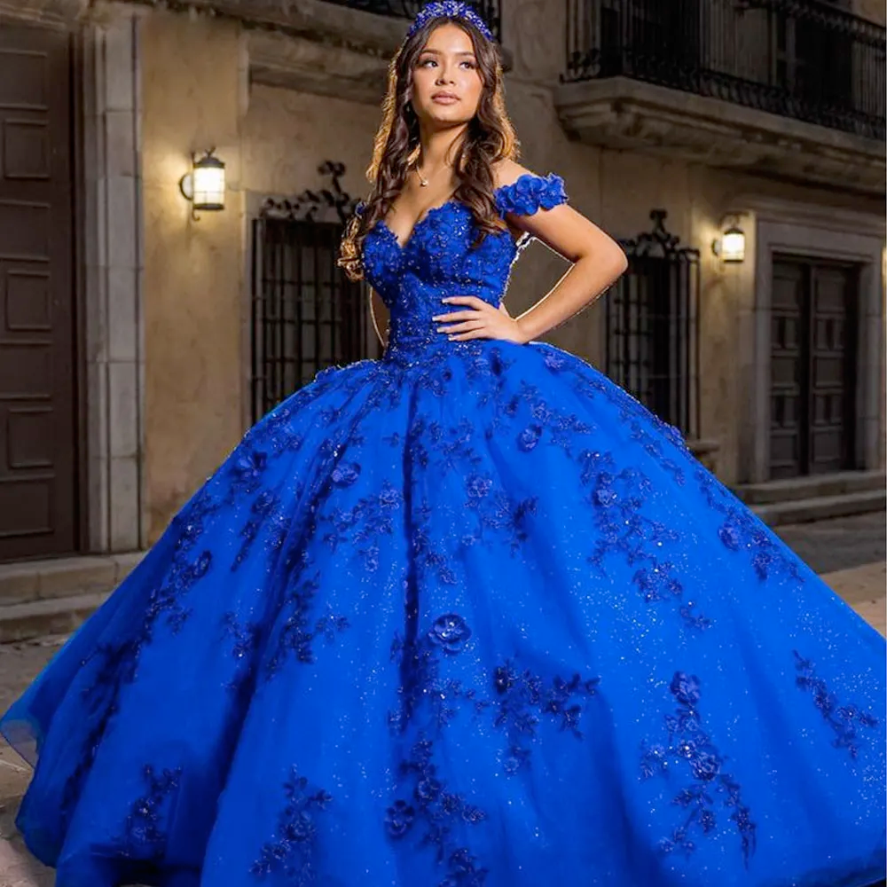 Royal Blue Quinceanera Dresses for Sweet 15 Year Prom Gowns Off the Shoulder Sequined 3D Flower Birthday Party Dress
