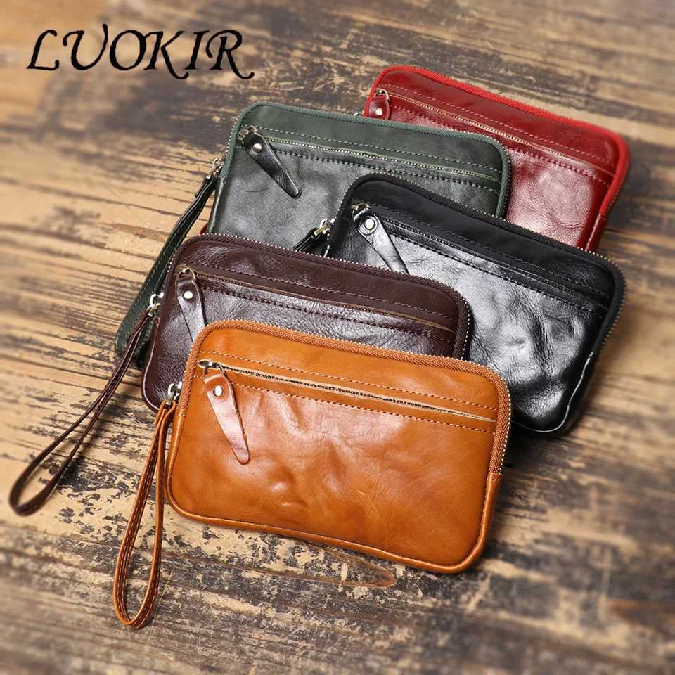 LUOKIR New Vegetable Tanned Leather Zipper Pouch Cowhide Coin Purse Largecapacity Card Holder Leather Storage Bag Key CaseW251017