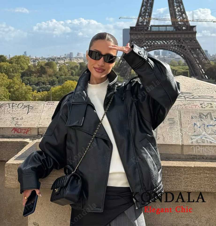 KONDALA Stand Collar Leather Jacket Womens Fall Winter Zipper Faux PU Leather Loose Jacket 2025 Fashion Female Elegant JacketT251017
