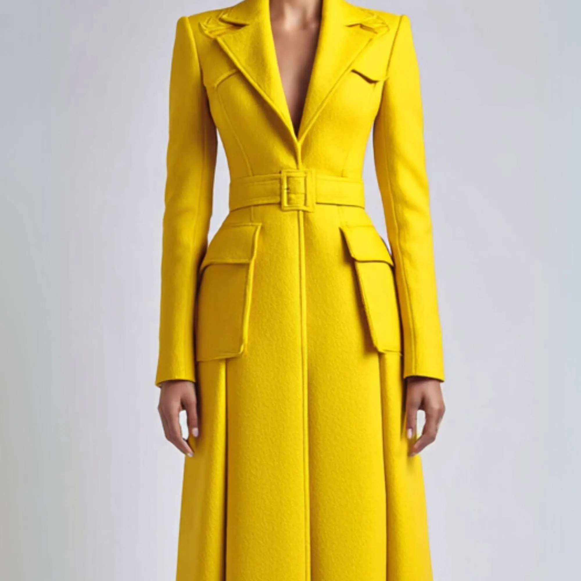 Women Bright Yellow Long Coat Customized Slim Fit Formal Business Blazer Coat For Lady Evening Party Prom Warm Wear One Piece