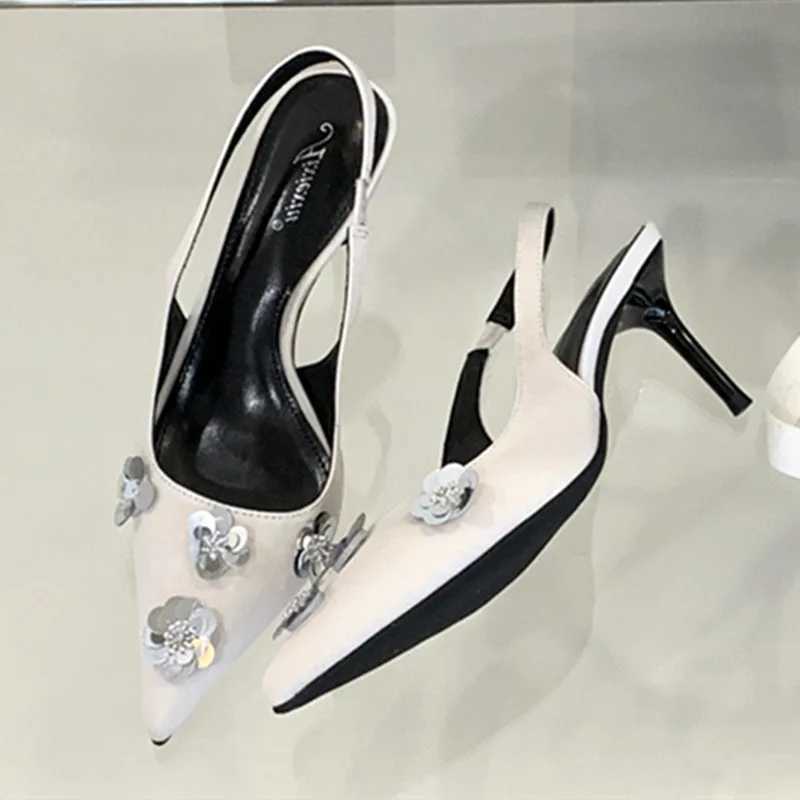 Summer Bling Applique Design Thin High Heels Women Sexy Pointed Toe Satin Back Strap Heeled Sandals Elegant Banquet Dress Shoes Z251015