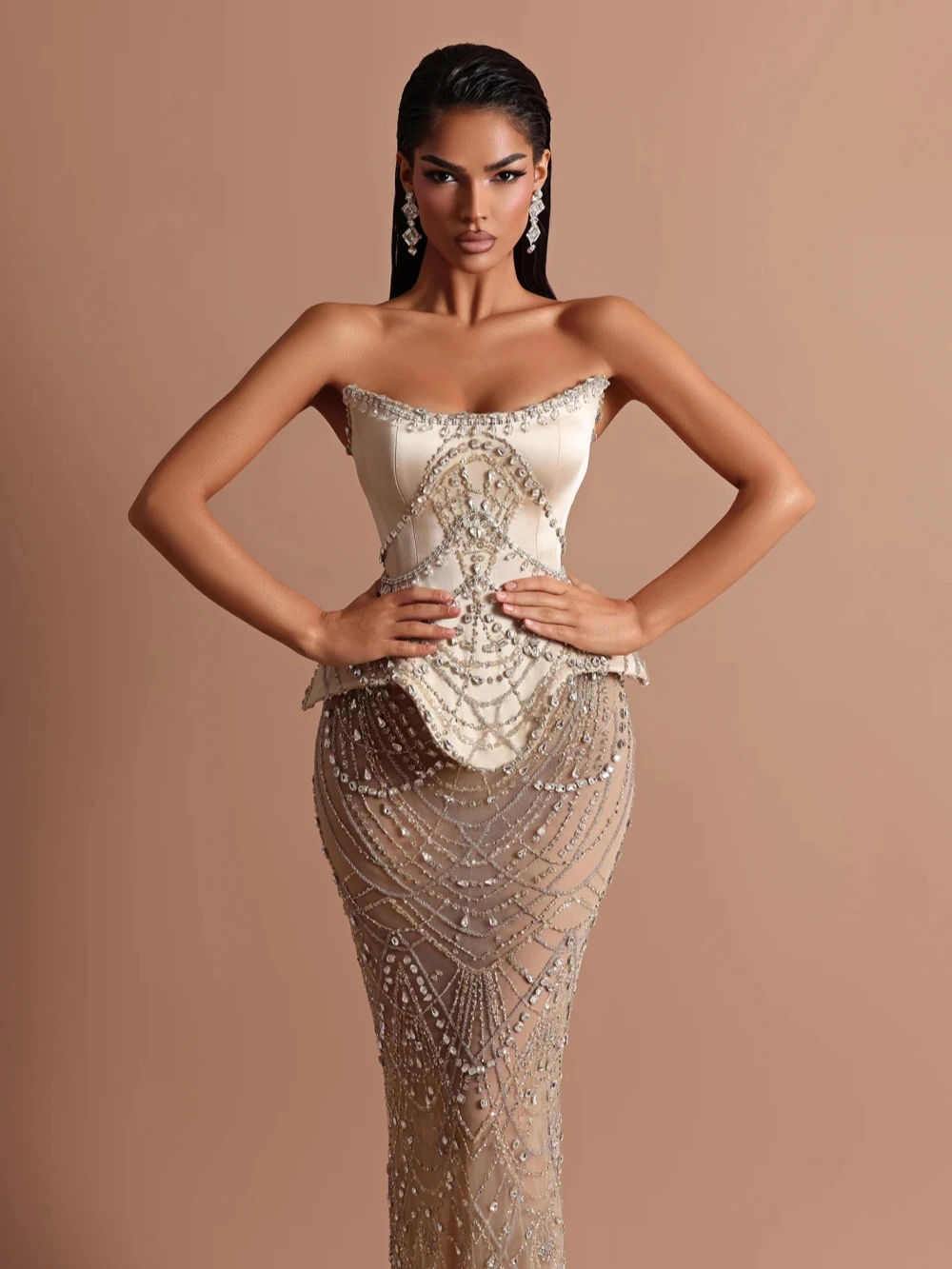 Shiny Champagne Prom Dresses Strapless Sheath Dress For Bride Party 2025 Birthday Gowns Night Wear Customized Dubai