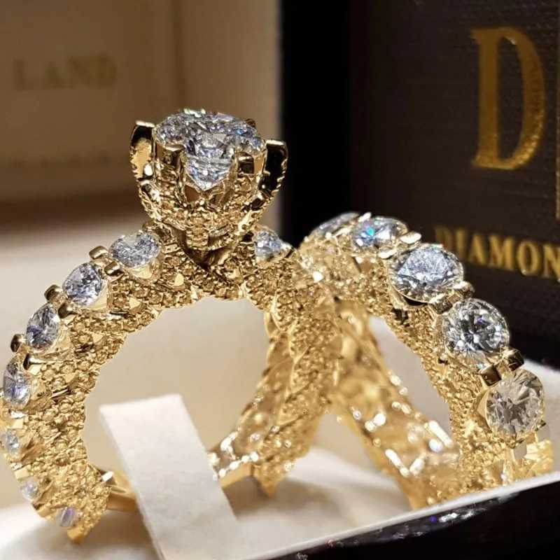 Attractive Women Rings Gold Color Round White Stone Rings Set Party Accessories Gift Z251017