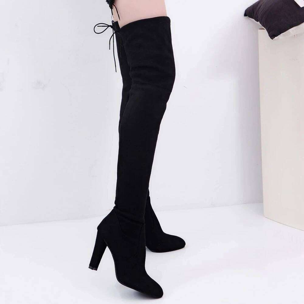 SHLIANG Fashion Over The Knee Women Stretch Fabrics High Heel Slip On Shoes Pointed Toe Woman Long Boots Plus Size 34-43 Sb202
