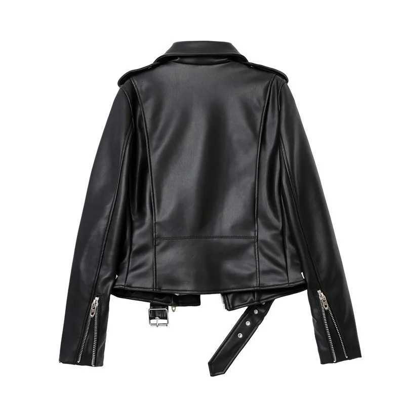 ZVRI Spring and Autumn 2023 New faux leather PU jacket with belt womens lapel motorcycle jacket black zip biker jacketT251017