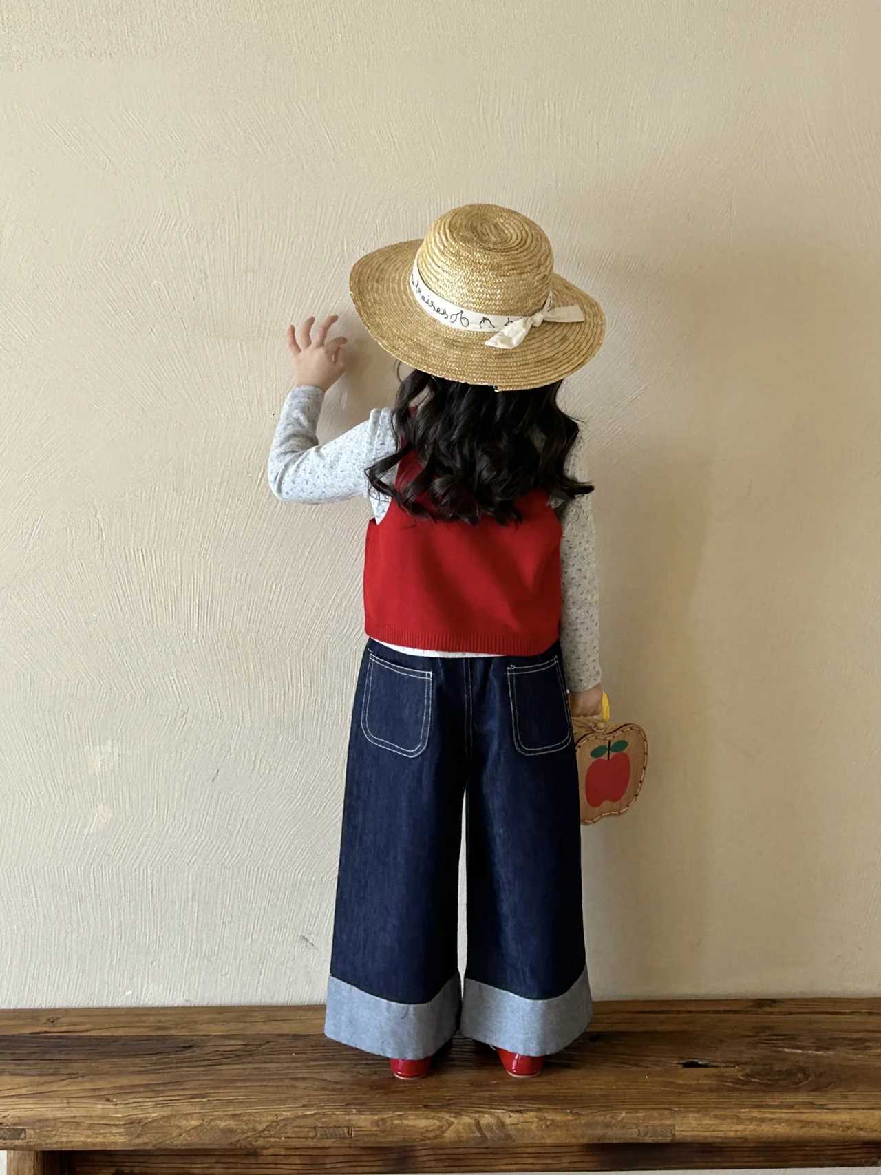 Children Denim Straight Leg Pants 2025 Spring Summer New Korean Girls Flip Up Pants Children Pants JeansT251017