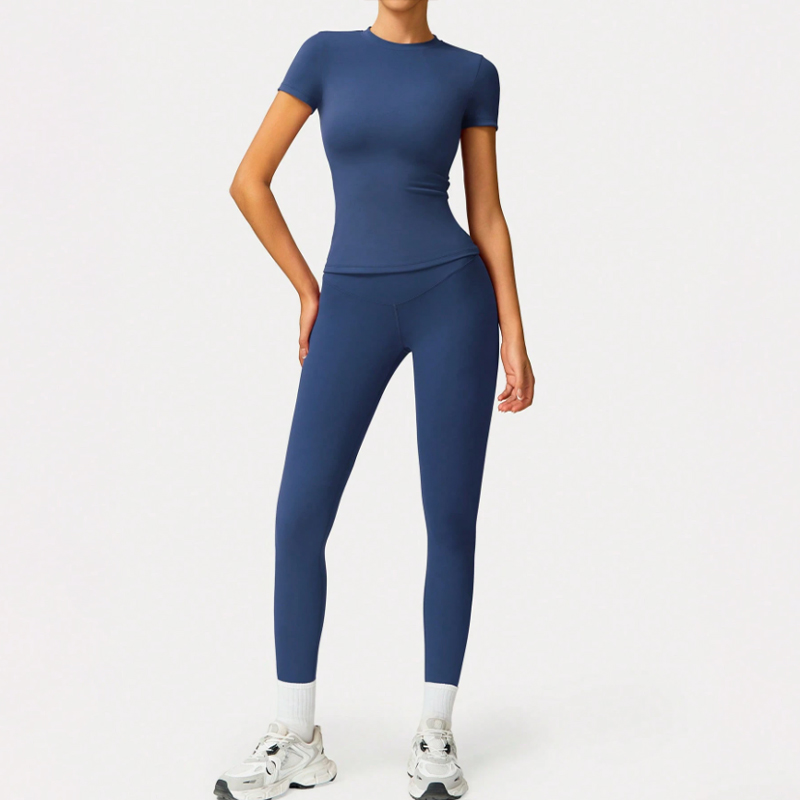 High waisted buttock lifting quick drying long sleeved yoga trousers Two piece yoga outfit Yoga Set Blue