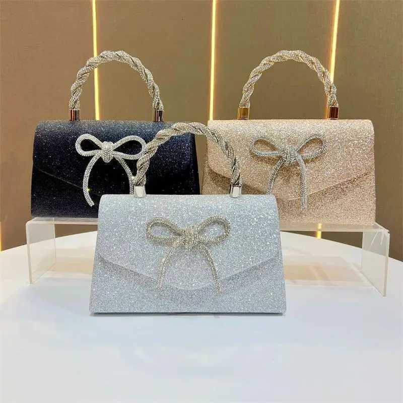 Rhinestone Evening Clutch Bag Glitter Bow Shoulder Purse Gold Silver Black Chain Crossbody Bag Luxury Women Handbag Party Z251017