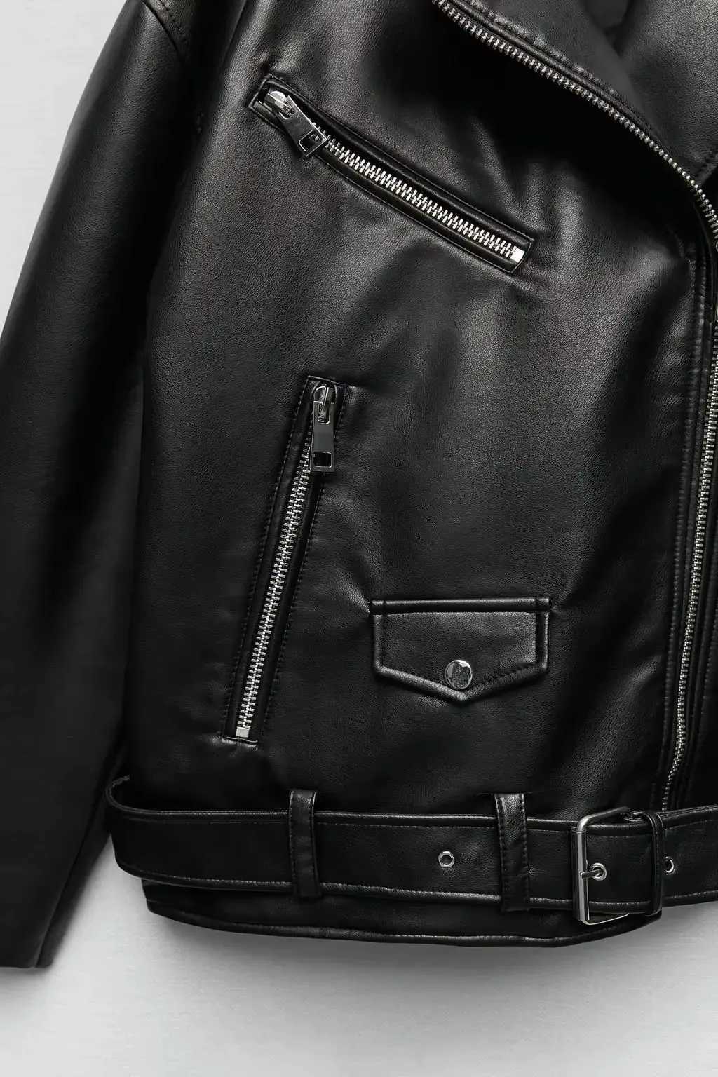 BBWM Pu Faux Leather Jacket with Belt Spring Autumn Female Zipper Coat Outwear Womens Loose Motorcycle Biker BlackT251017