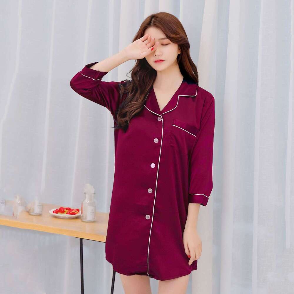 Thin Spring and Autumn Silk Shirt Nightdress Korean Style Cardigan Home Long Sleeve Women's Sexy Nightgown