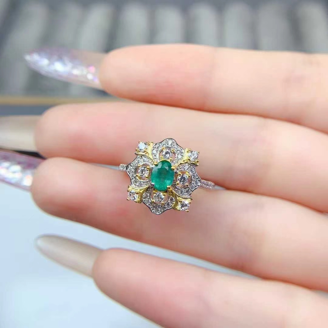 Antique look 925 silver ring natural emerald ring with certificate 4mm*6mm Colombia emerald jewelry with 18K gold plating