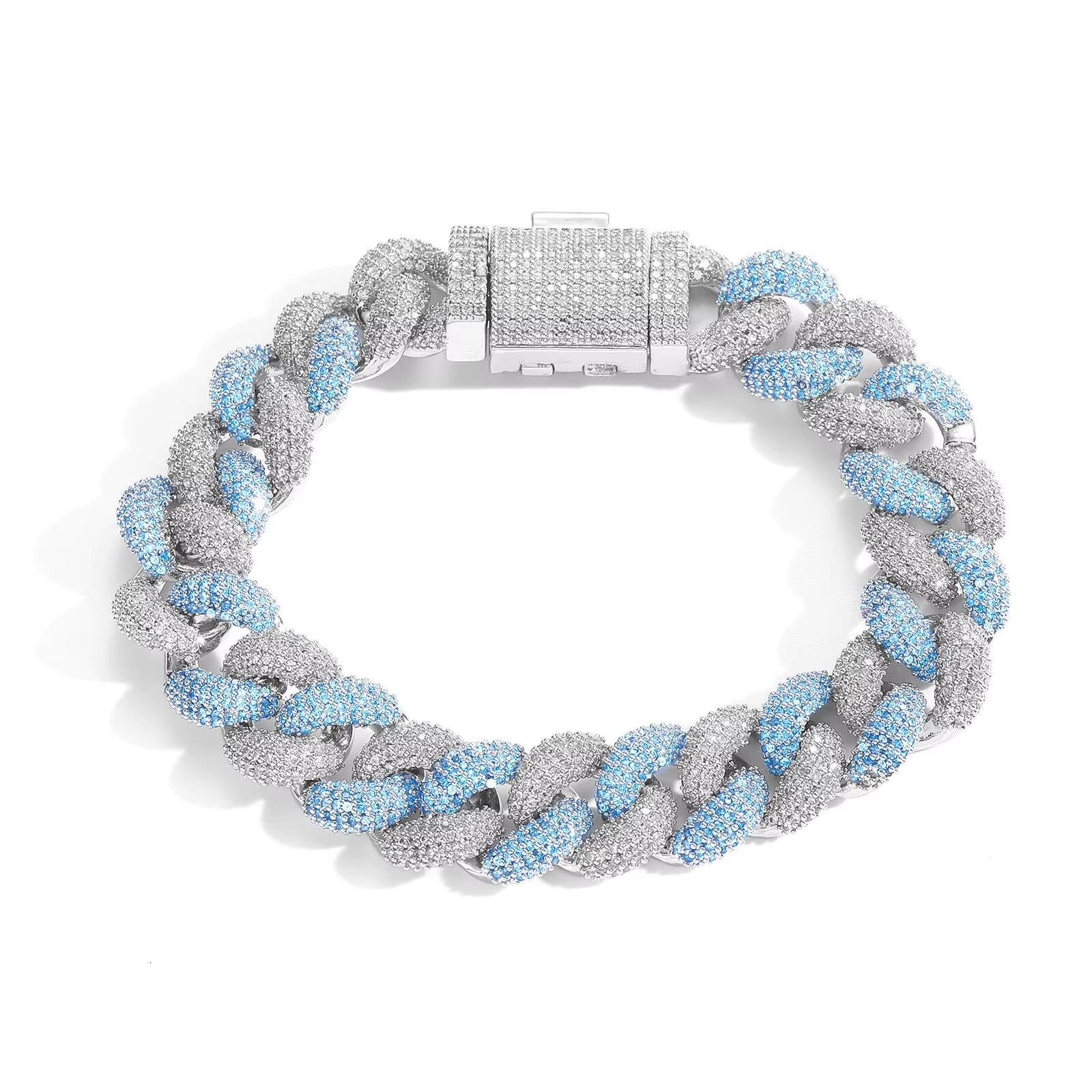 14MM Blue Stylish Streetwear Jewelry Brass Two Tone Iced Out Cuban Link Chain Necklace for Men