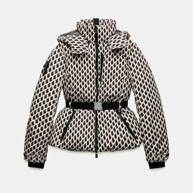 Warm Cotton Jaet Ski Suit with Belt Stand Collar Thien Winter Outerwear Womens Faion Commute Korean Sle Memory Fabric W251016