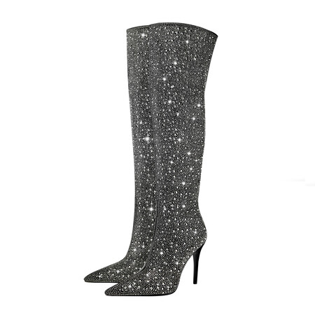 Starlight Pointed Toe Stiletto Over The Knee Boots Full Rhinestone Design 10.5cm High Heels Thigh High Fashion Boots