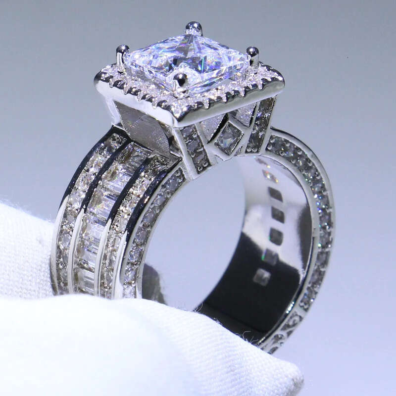 Wholesale Professional Jewelry Sterling Sier Princess Cut White Topaz CZ Dia Pave Promise Women Wedding Engagement Ring