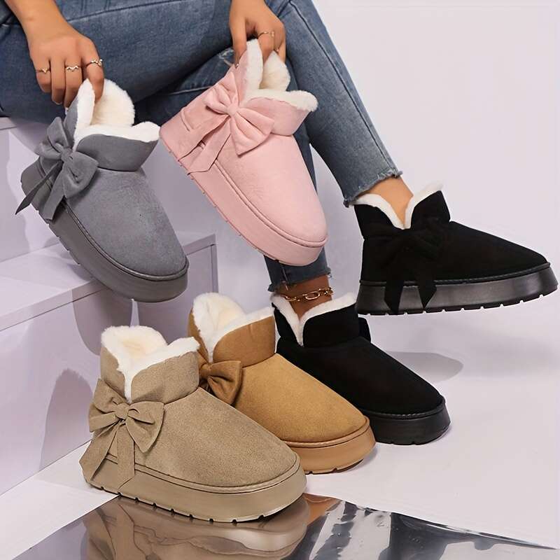 Cozy Plush-Lined Winter Snow Boots For Men And Women Elegant Bow Detail, Soft Sole, Indoor/Outdoor Fashion Slippers In Gray, Pink, Black, Beige - Warm