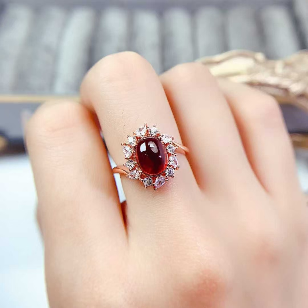 Cabochon garnet ring real 925 silver gemstone jewelry with 18K gold plating 7mm*9mm natural garnet ring with certificate