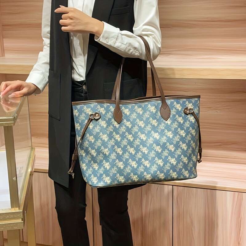 Elegant Blue Handbag, Red Interior, Large Capacity, Gold Hardware, Detachable Shoulder Strap - Suitable For Daily And Commuting, Travel Floral Print H