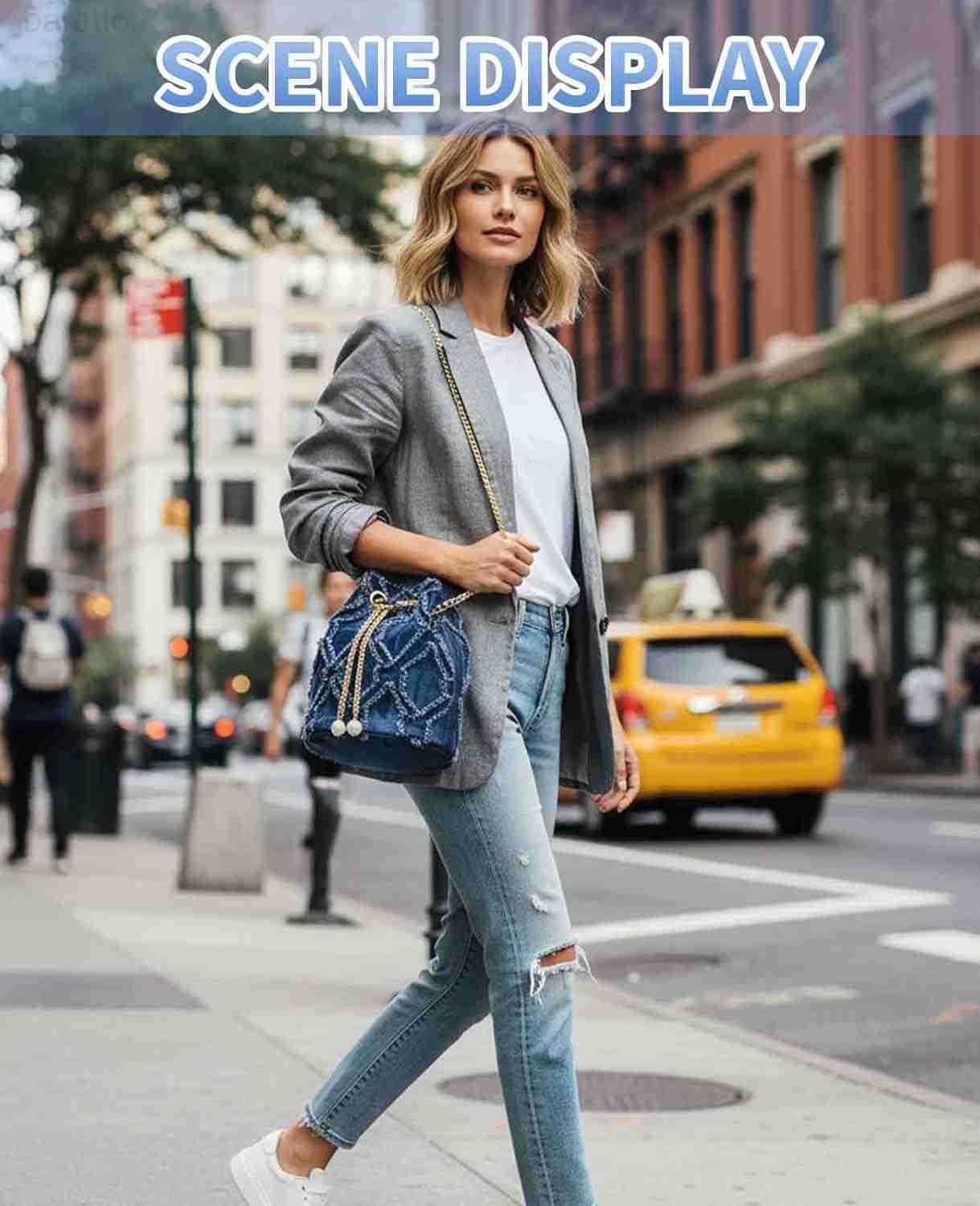 Jean Purses for Women Denim Quilted Drawstring Crossbody Bags Bucket Blue Z251017