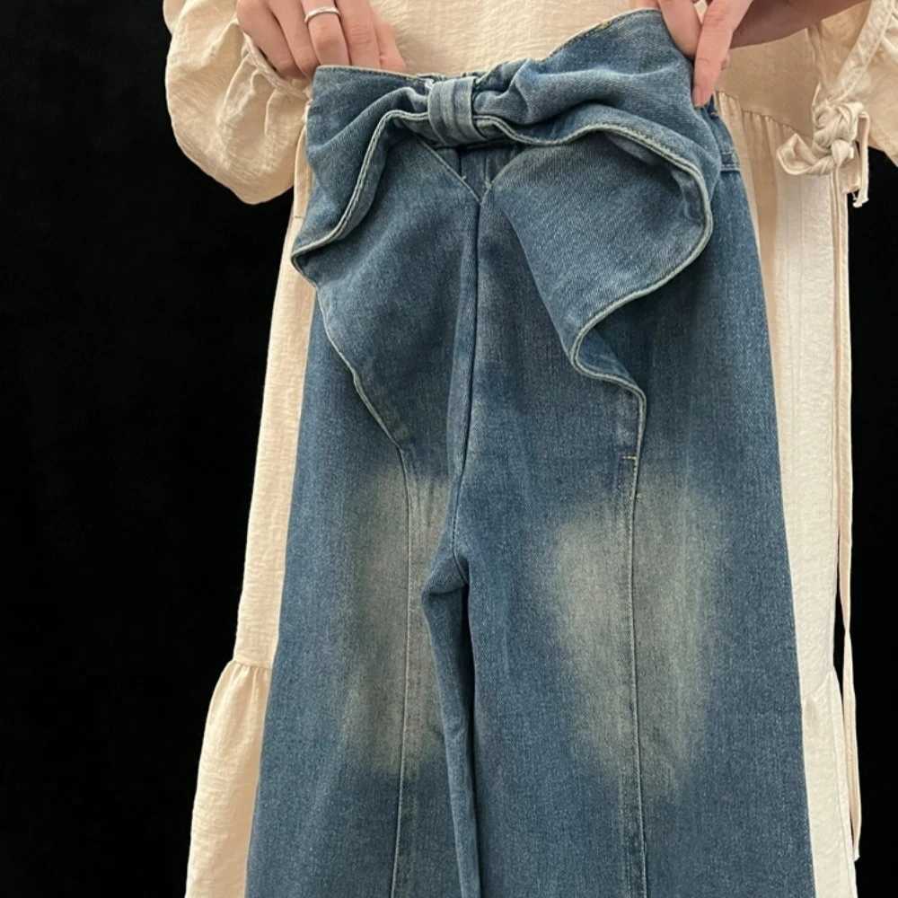 Korean Version Fashion Casual Girl Denim Wide Leg Pants with Big Bow Design Street Style Versatile for 37 Years Old in SummerT251017