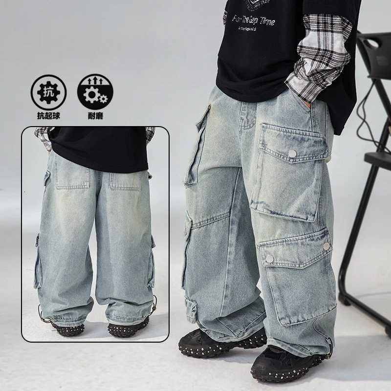 Boys Cargo Jeans Spring and Autumn 2025 New Teenagers Children Loose Straight Tube Boys American Multipocket Pants TrousersT251017