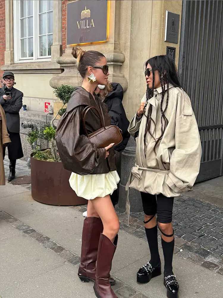 Retro PU Leather Lantern Sleeve Jacket Women Casual Loose Lapel Brown Jackets With Belt 2025 Autumn Classic Chic Street OutwearT251017