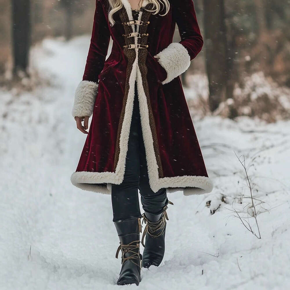 2025 Women'S Y2K Retro Double-Breasted Faux Fur Coat - Burgundy & White, Asymmetrical Hem, Loose Fit, Long Sleeve, Winter Outerwear for Fall/Wint