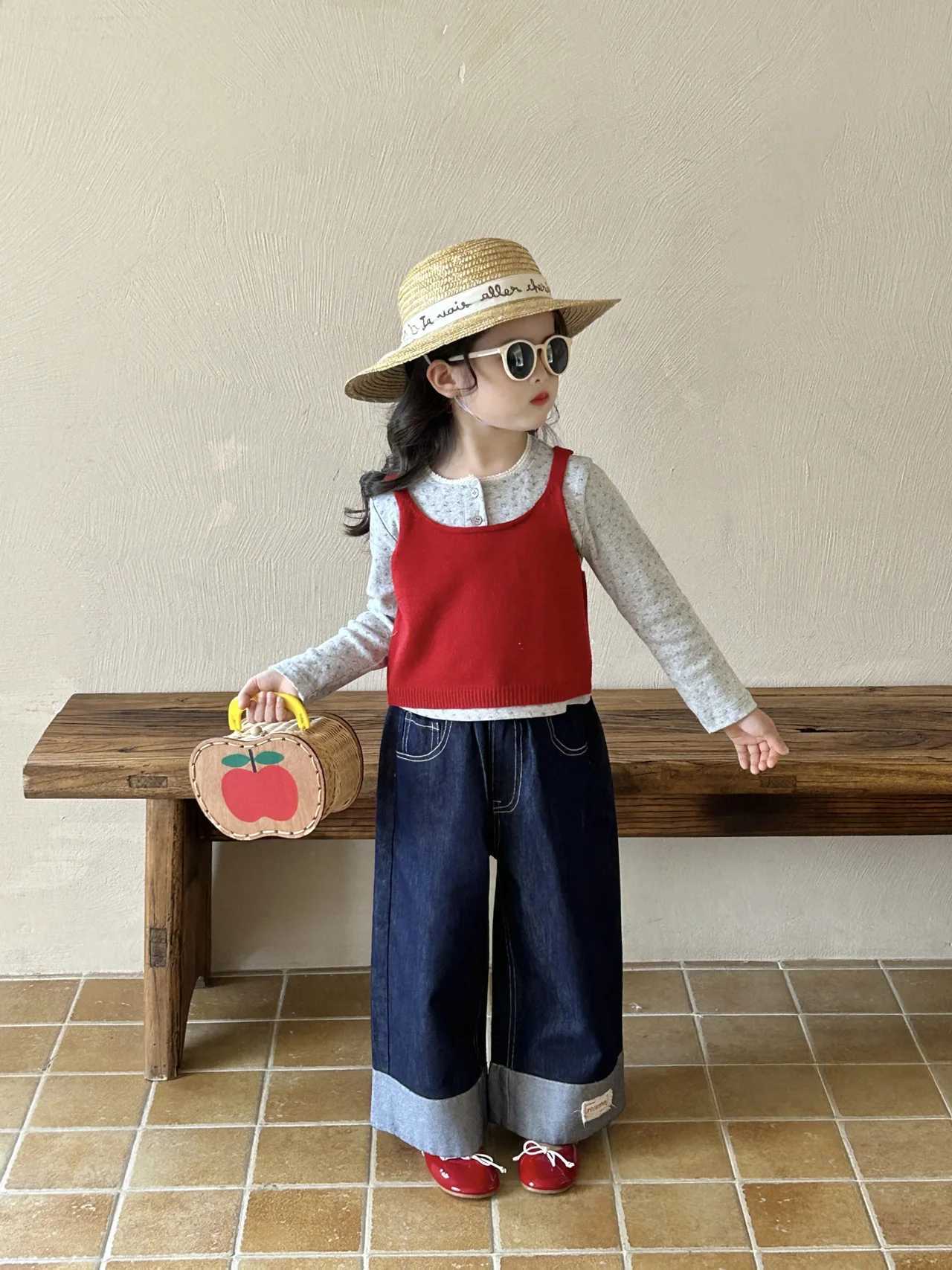 Children Denim Straight Leg Pants 2025 Spring Summer New Korean Girls Flip Up Pants Children Pants JeansT251017