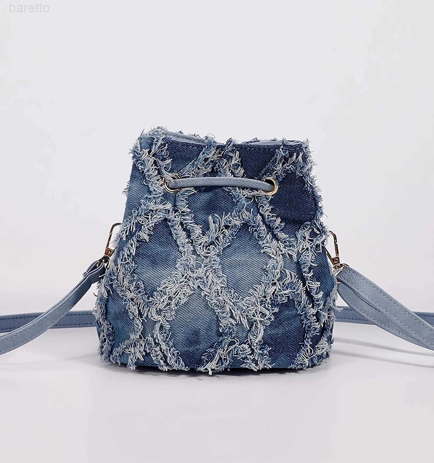 Womens Small Denim Bucket Purse Tiedyeing Quilted Distressed Shoulder Crossbody Bag Z251017