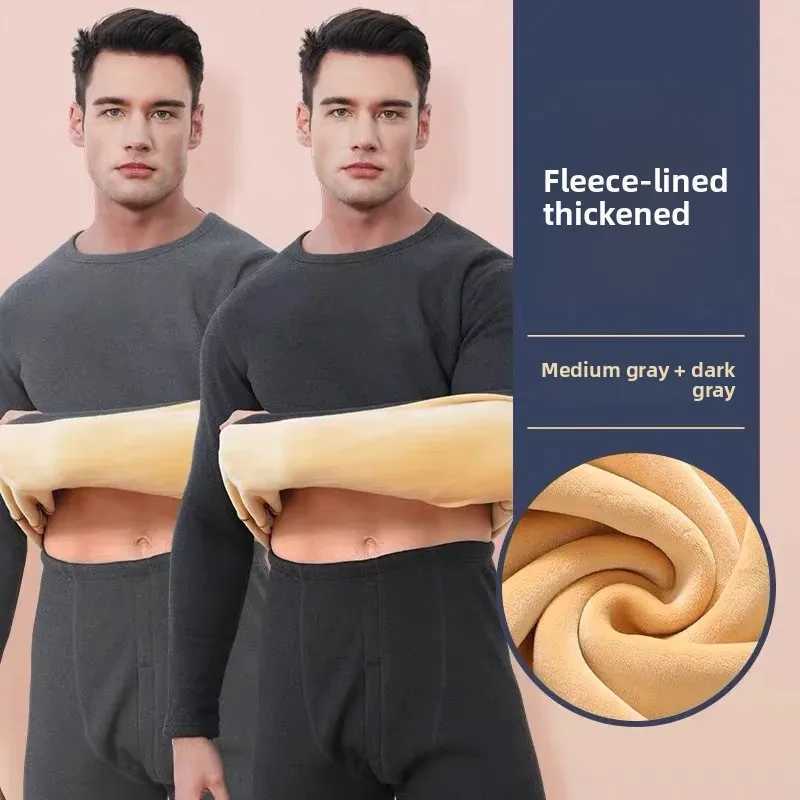 Mens Thermal Underwear Set Fleece Lined Thickened Round Neck Autumn Winter Lamb Velvet Cold Resistant Thermal Clothing H251017